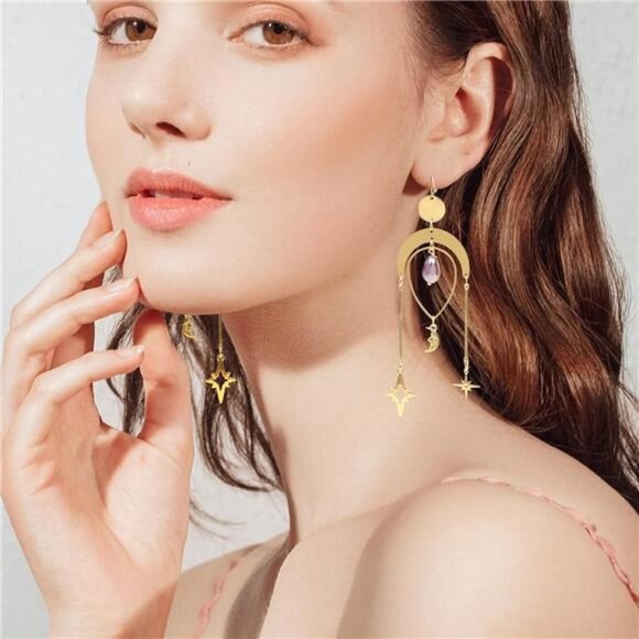 Boho Gold Crescent Moon Sun & Star Crystal Statement Dangle Drop Earrings - Picture 5 of 5